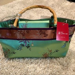 Green silk Chinese Floral Handbag w Bamboo Handles